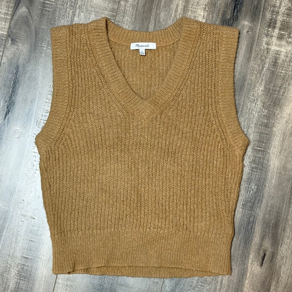 Madewell Womens Sweater Vest V-Neck Ribbed Knit Wool Blend Camel Brown Small S
